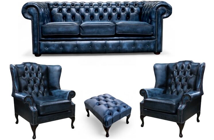 Chesterfield 3 Seater Sofa + 2 x Mallory Wing Chair + Footstool Leather Sofa Suite Offer Antique Blue