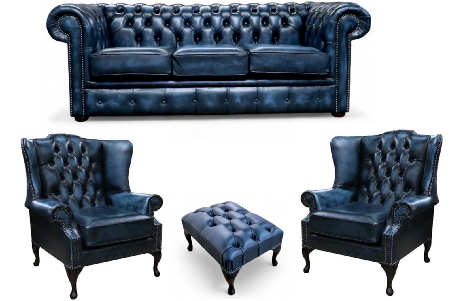Chesterfield 3 Seater Sofa + 2 x Mallory Wing Chair + Footstool Leather Sofa Suite Offer Antique Blue
