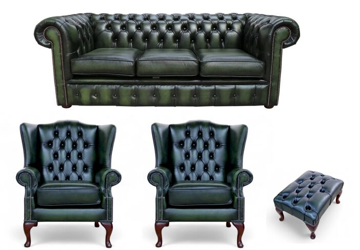 Chesterfield 3 Seater Sofa + 2 x Mallory Wing Chair + Footstool Leather Sofa Suite Offer Antique Green