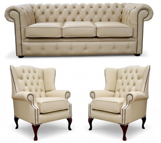 Chesterfield 3 Seater Sofa + 2 x Mallory Wing Chairs Leather Sofa Suite Offer Ivory
