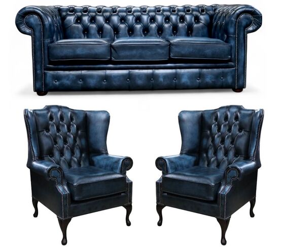 Chesterfield 3 Seater Sofa + 2 x Mallory Wing Chairs Leather Sofa Suite Offer Antique Blue