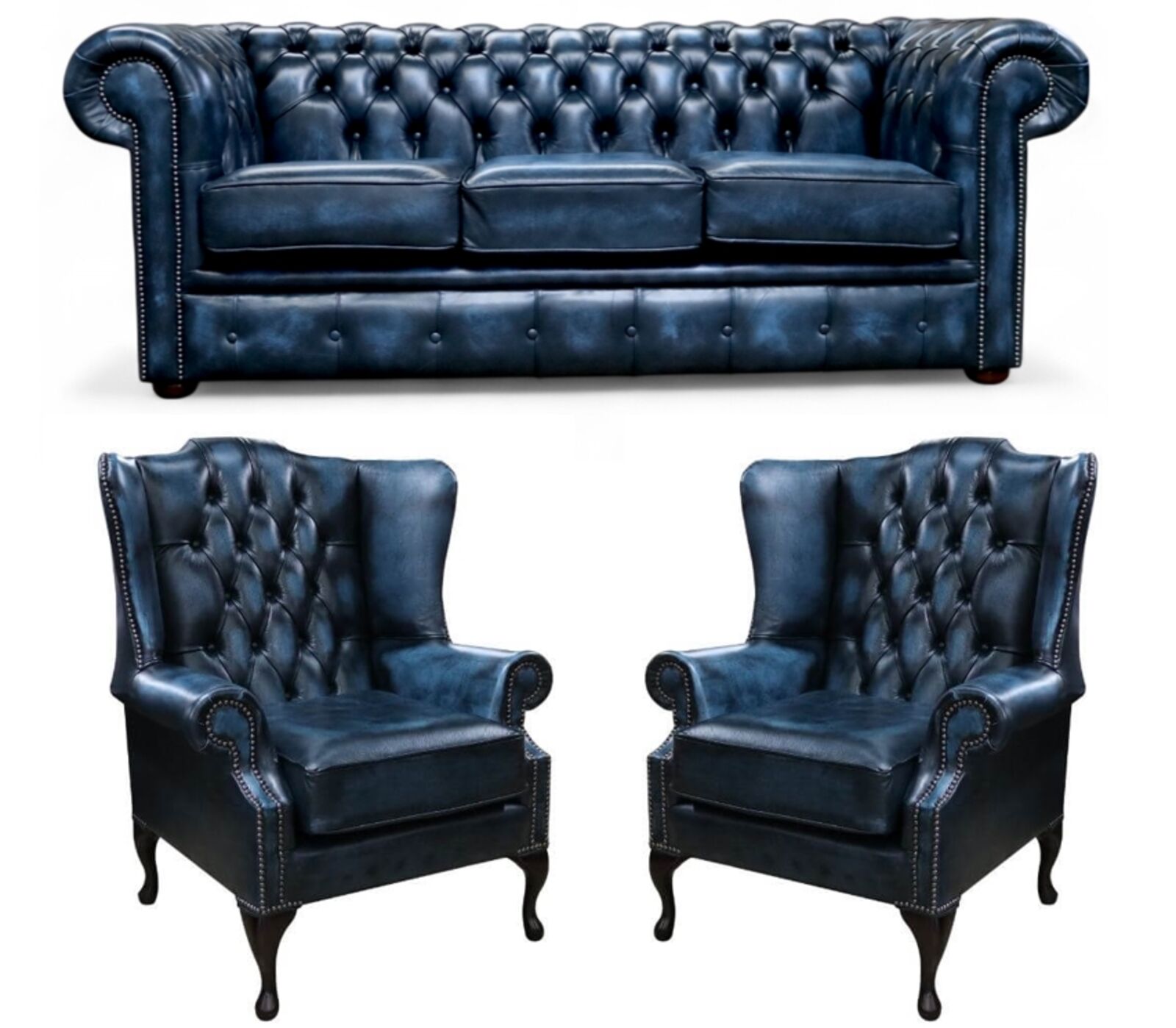 Chesterfield 3 Seater Sofa + 2 x Mallory Wing Chairs Leather Sofa Suite Offer Antique Blue