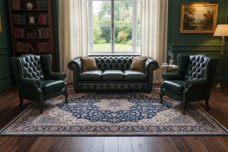 Chesterfield 3 Seater Sofa + 2 x Mallory Wing Chairs Leather Sofa Suite Offer Antique Green