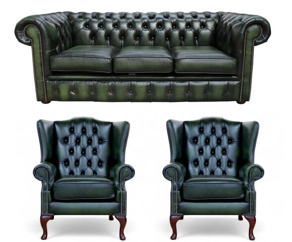 Chesterfield 3 Seater Sofa + 2 x Mallory Wing Chairs Leather Sofa Suite Offer Antique Green