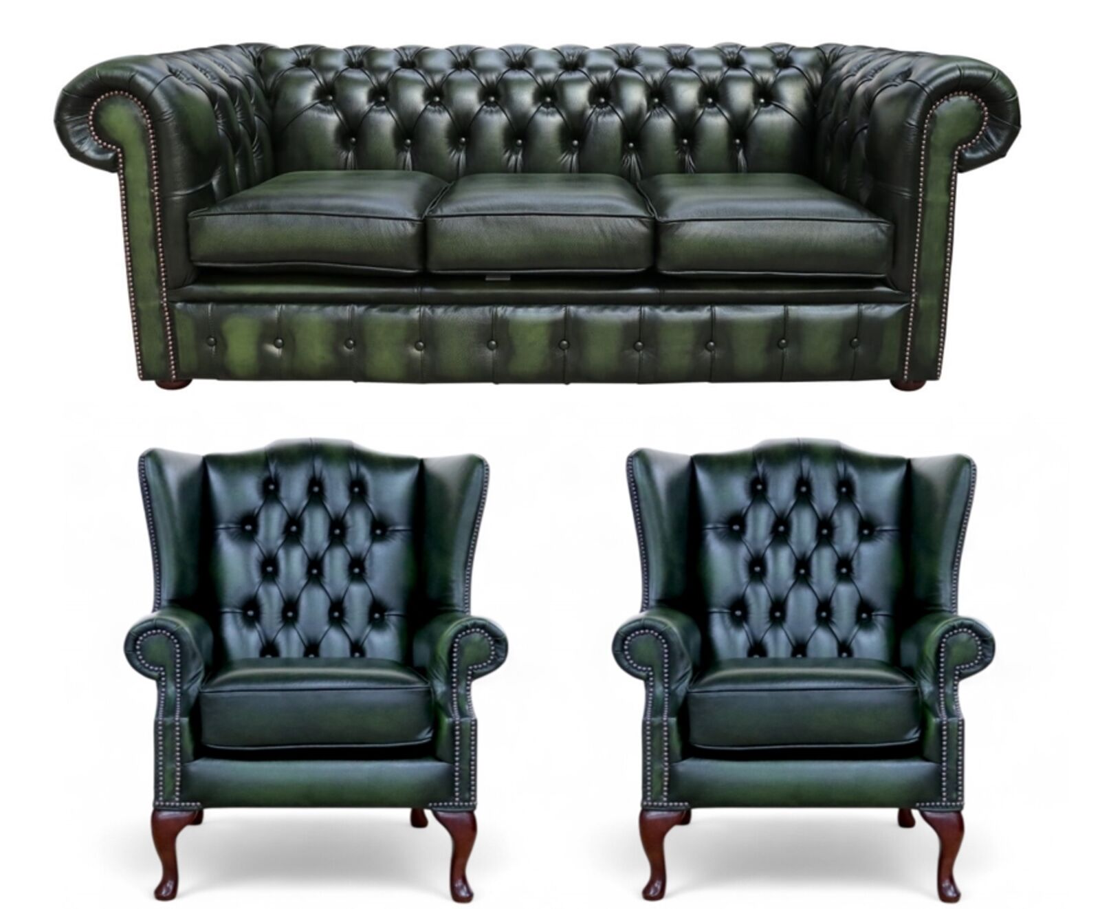 Chesterfield 3 Seater Sofa + 2 x Mallory Wing Chairs Leather Sofa Suite Offer Antique Green