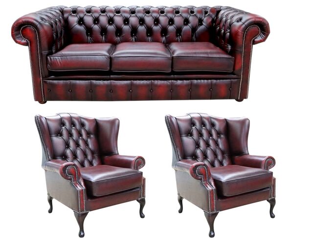 Chesterfield 3 Seater Sofa + 2 x Mallory Wing Chairs Leather Sofa Suite Offer Antique Oxblood