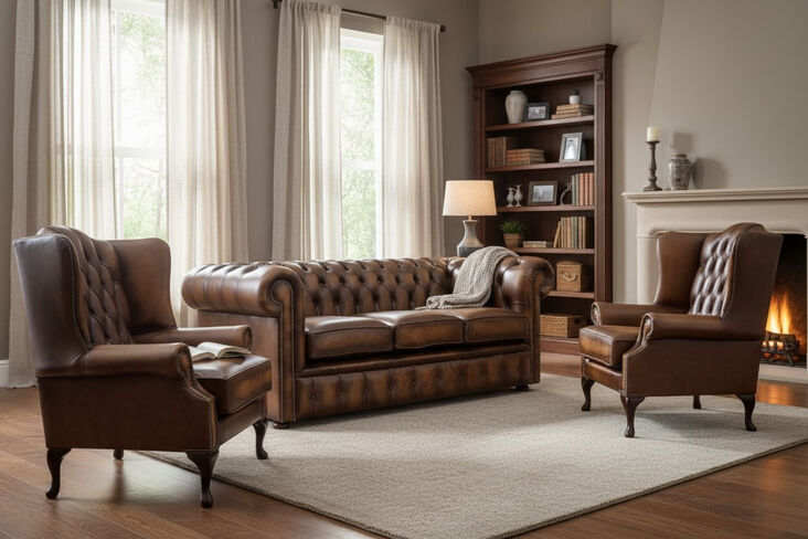 Chesterfield 3 Seater Sofa + 2 x Mallory Wing Chairs Leather Sofa Suite Offer Antique Tan