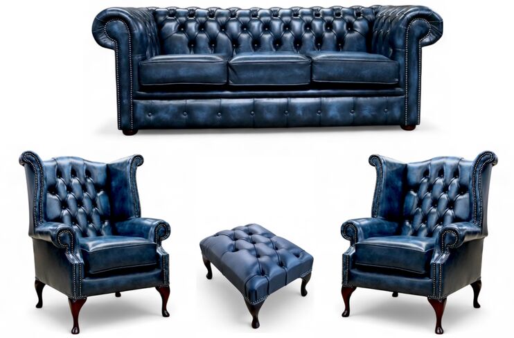 Chesterfield 3 Seater Sofa + 2 x Queen anne Chairs+footstool Leather Sofa Suite Offer Antique blue