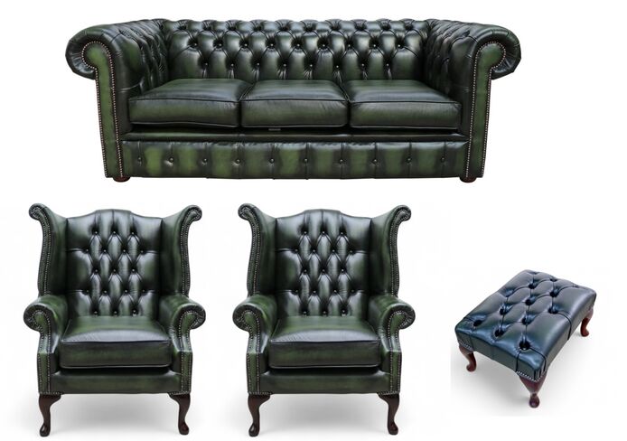 Chesterfield 3 Seater Sofa + 2 x Queen Anne Chairs+Footstool Leather Sofa Suite Offer Antique Green