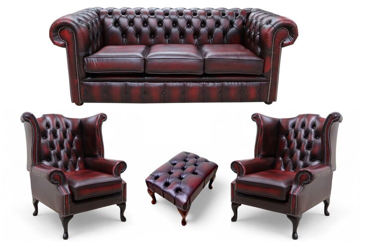 Chesterfield 3 Seater Sofa + 2 x Queen Anne Chairs + Footstool Leather Sofa Suite Offer Antique Oxblood