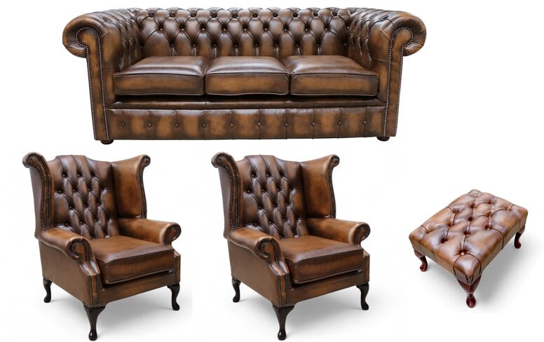 Chesterfield 3 Seater Sofa + 2 x Queen Anne Chairs+Footstool Leather Sofa Suite Offer Antique Tan