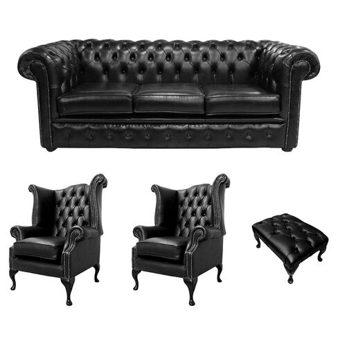 Chesterfield 3 Seater Sofa + 2 x Queen Anne Chairs + Footstool Old English Black Leather Sofa Offer