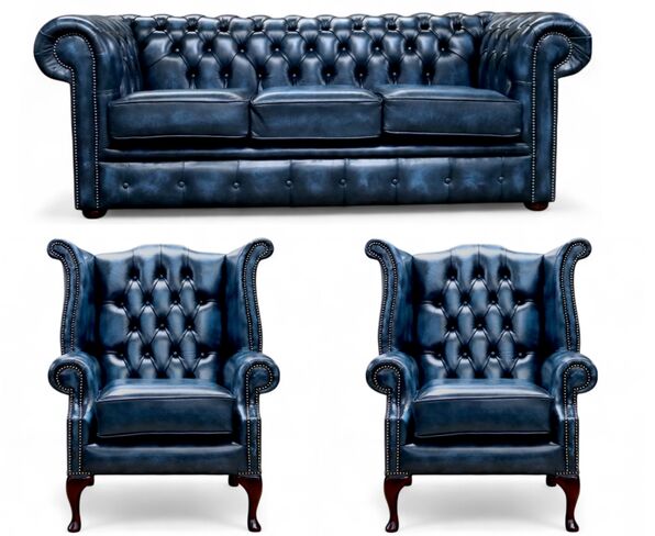 Chesterfield 3 Seater Sofa + 2 x Queen anne Chairs Leather Sofa Suite Antique Blue