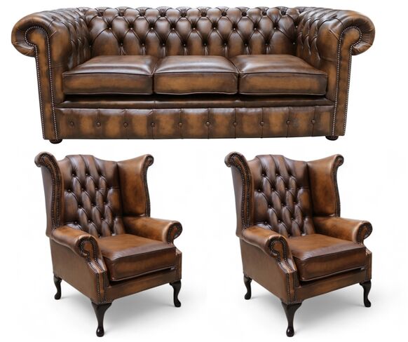 Chesterfield 3 Seater Sofa + 2 x Queen anne Chairs Leather Sofa Suite Offer Antique Tan