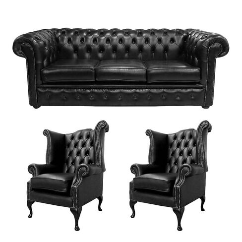 Chesterfield 3 Seater Sofa + 2 x Queen Anne Chairs Old English Black Leather Sofa Offer