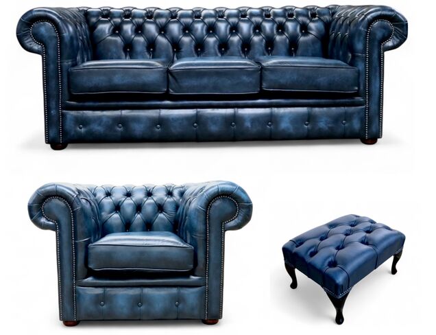Chesterfield 3 Seater Sofa + Club Chair + Footstool Leather Sofa Suite Antique Blue