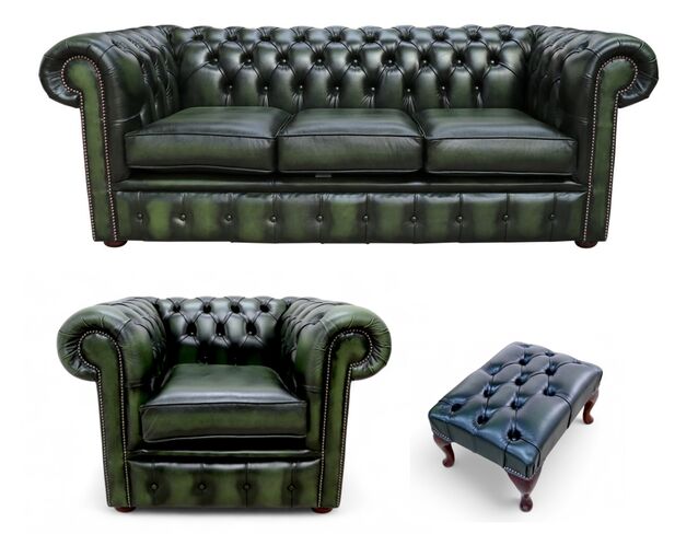 Chesterfield 3 Seater Sofa + Club Chair + Footstool Leather Sofa Suite Offer Antique Green