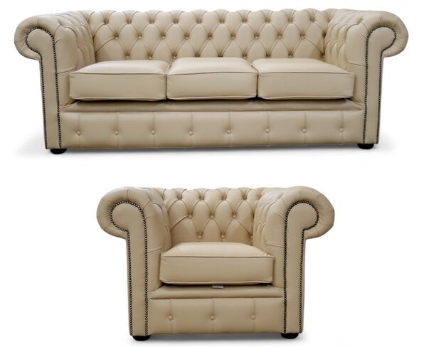 Chesterfield 3 Seater Sofa + Club Chair Leather Sofa Suite Offer Ivory