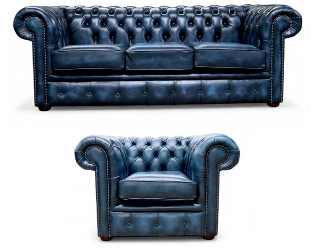 Chesterfield 3 Seater Sofa + Club Chair Leather Sofa Suite Offer Antique Blue