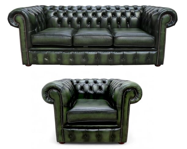 Chesterfield 3 Seater Sofa + Club Chair Leather Sofa Suite Offer Antique Green