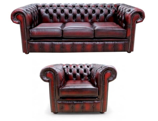 Chesterfield 3 Seater Sofa + Club Chair Leather Sofa Suite Offer Antique Oxblood