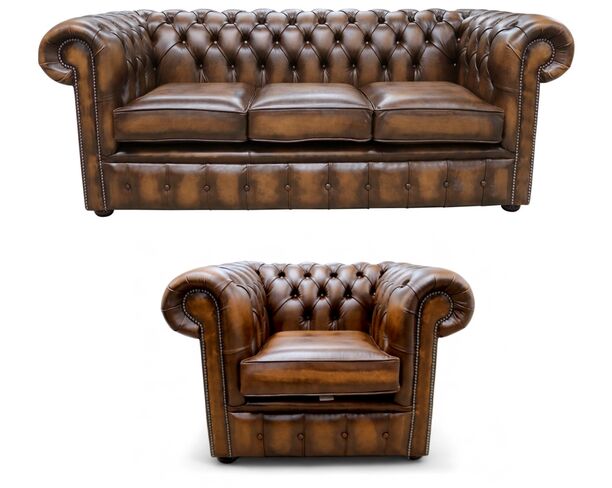 Chesterfield 3 Seater Sofa + Club Chair Leather Sofa Suite Offer Antique Tan