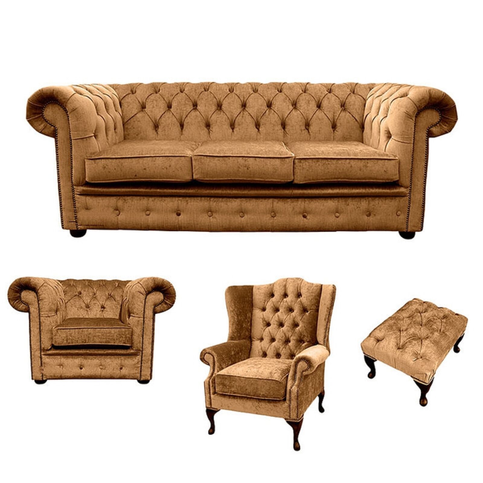 Product photograph of Chesterfield 3 Seater Sofa Club Chair Mallory Wing Chair Footstool Harmony Gold Velvet Sofa Suite Offer from Designer Sofas 4U