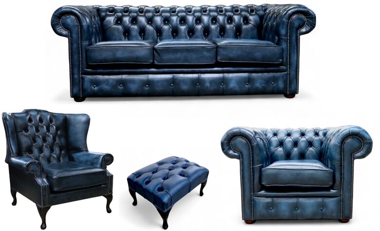 Chesterfield 3 Seater Sofa + Club Chair + Mallory Wing Chair + Footstool Leather Sofa Suite Antique Blue