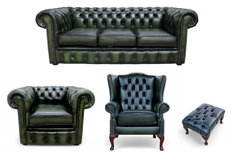 Chesterfield 3 Seater Sofa + Club Chair + Mallory Wing Chair + Footstool Leather Sofa Suite Offer Antique Green
