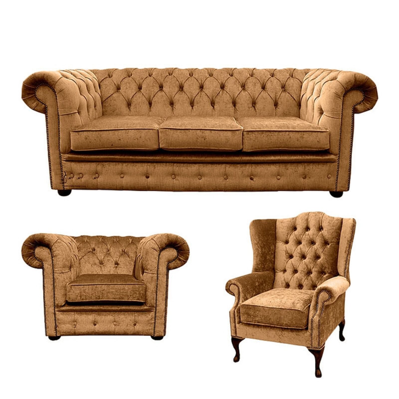 Product photograph of Chesterfield 3 Seater Sofa Club Chair Mallory Wing Chair Harmony Gold Velvet Sofa Suite Offer from Designer Sofas 4U
