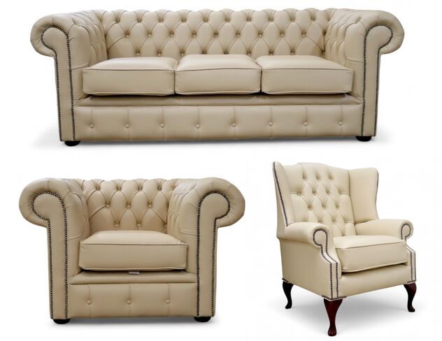 Chesterfield 3 Seater Sofa + Club Chair + Mallory Wing Chair Leather Sofa Suite Offer Ivory