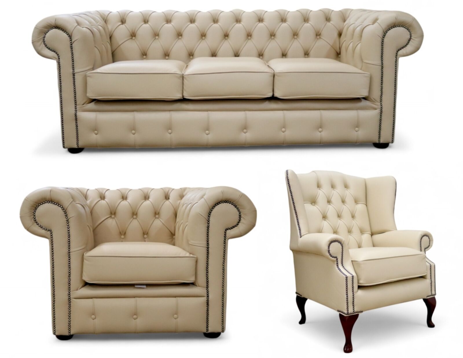 Chesterfield 3 Seater Sofa + Club Chair + Mallory Wing Chair Leather Sofa Suite Offer Ivory