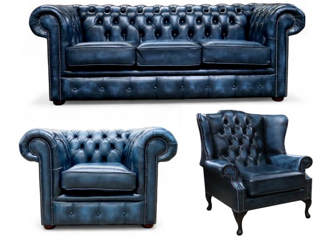 Chesterfield 3 Seater Sofa + Club Chair + Mallory Wing Chair Leather Sofa Suite Offer Antique blue