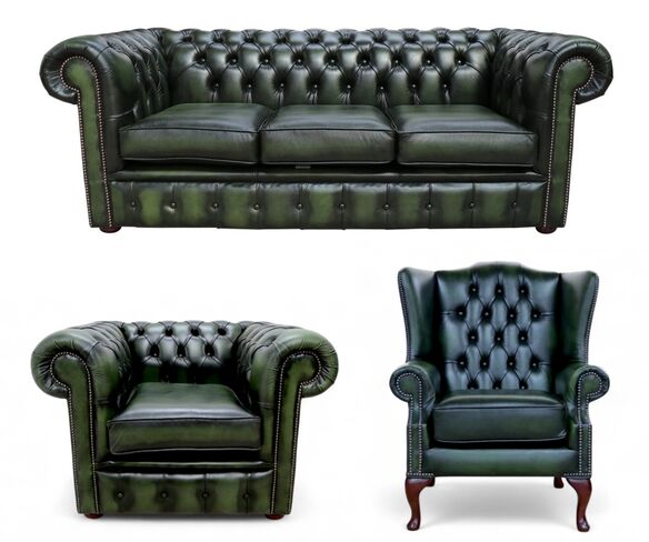 Chesterfield 3 Seater Sofa + Club Chair + Mallory Wing Chair Leather Sofa Suite Offer Antique Green