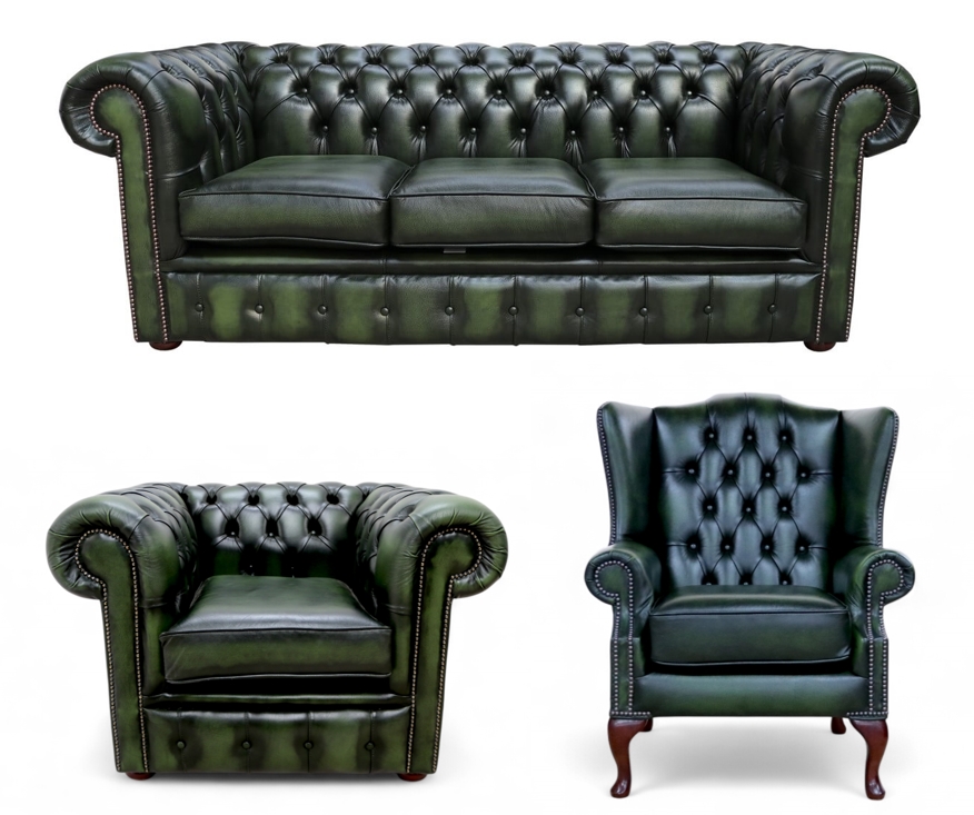 Luxurious Comfort Antique Green Leather Chesterfield Sofa Suite