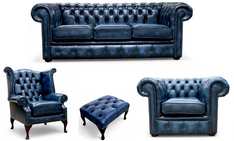 Chesterfield 3 Seater Sofa + Club Chair + Queen Anne Wing Chair + Footstool Leather Sofa Suite Antique blue