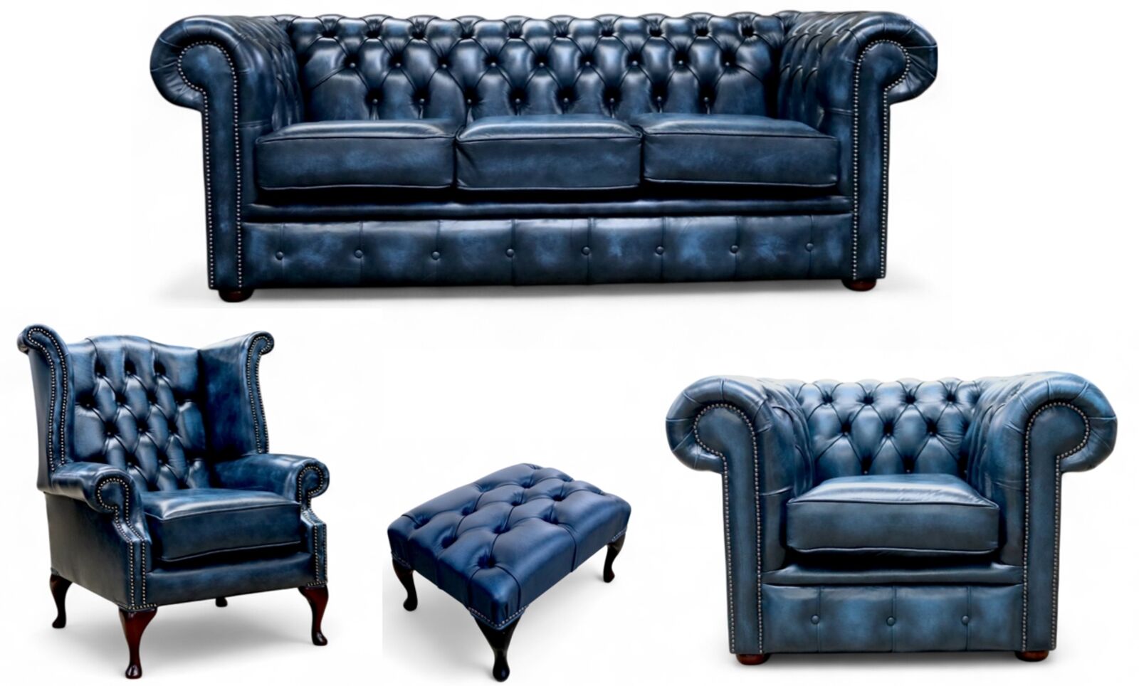 Chesterfield 3 Seater Sofa + Club Chair + Queen Anne Wing Chair + Footstool Leather Sofa Suite Antique blue