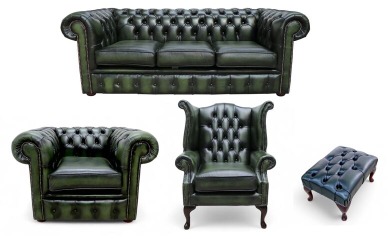 Chesterfield 3 Seater Sofa + Club Chair + Queen Anne Wing Chair + Footstool Leather Sofa Suite Offer Antique Green