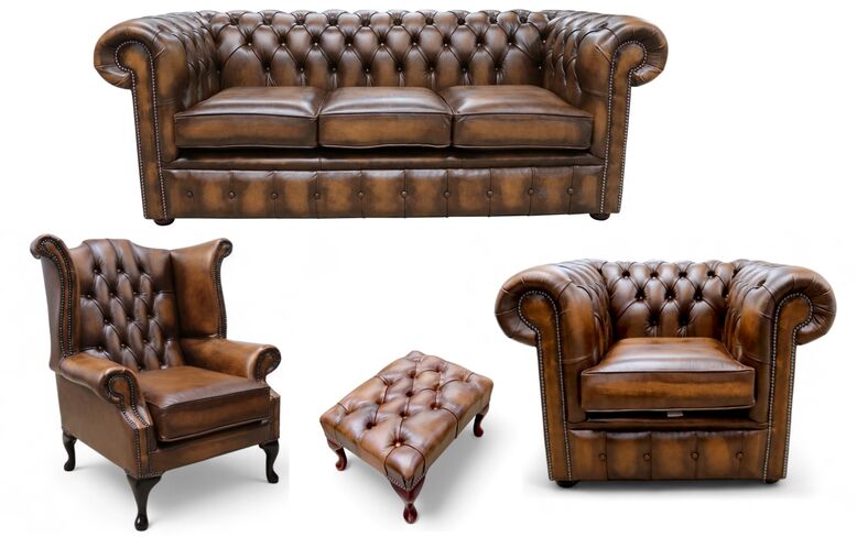 Chesterfield 3 Seater Sofa + Club Chair + Queen Anne Wing Chair + Footstool Leather Sofa Suite Offer Antique Tan