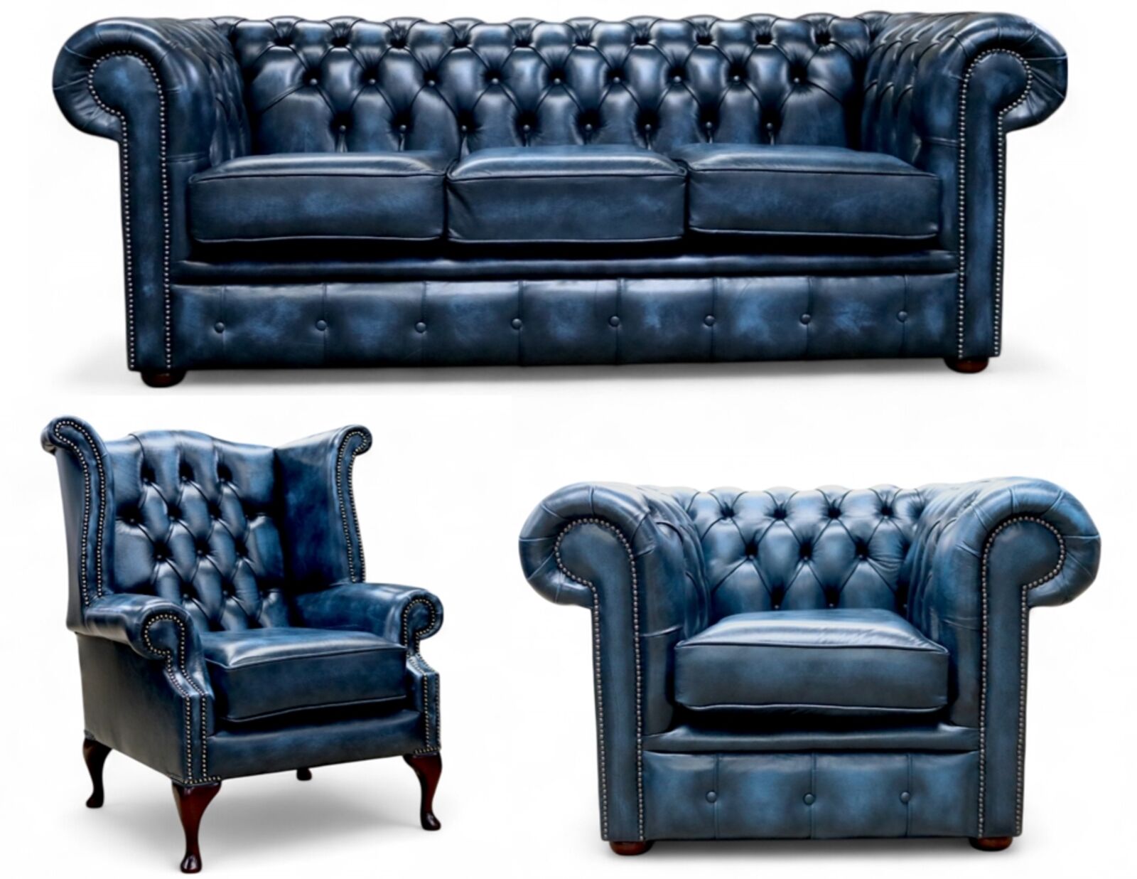 Chesterfield 3 Seater Sofa + Club Chair + Queen Anne Wing Chair Leather Sofa Suite Antique Blue