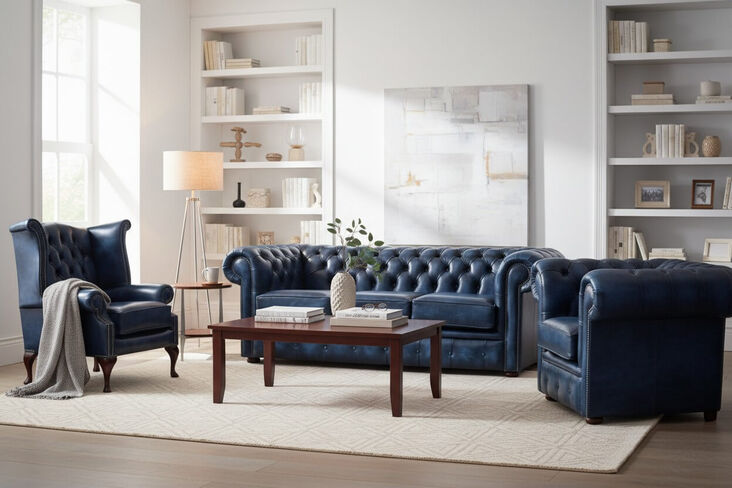 Chesterfield 3 Seater Sofa + Club Chair + Queen Anne Wing Chair Leather Sofa Suite Antique Blue
