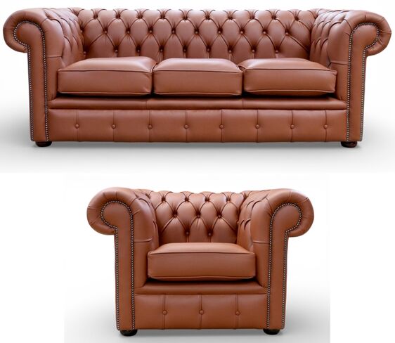 Chesterfield 3 Seater Sofa + Club Chair Spice Leather Sofa Suite
