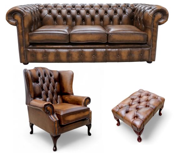 Chesterfield 3 Seater Sofa + Mallory Wing Chair + Footstool Antique Tan Leather Sofa Suite