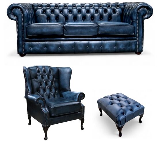 Chesterfield 3 Seater Sofa + Mallory Wing Chair + Footstool Leather Sofa Suite Offer Antique Blue