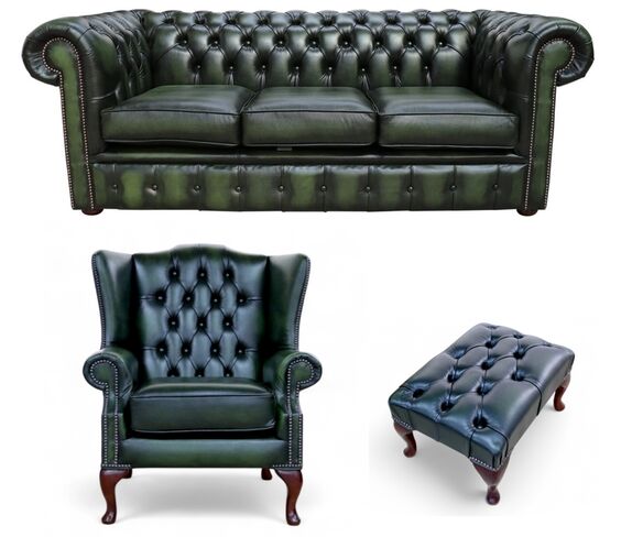 Chesterfield 3 Seater Sofa + Mallory Wing Chair + Footstool Leather Sofa Suite Offer Antique Green