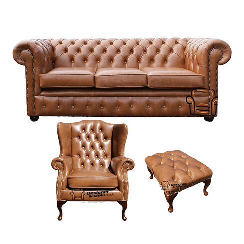 Chesterfield 3 Seater Sofa + Mallory Wing Chair + Footstool Old English Tan Leather Sofa Offer
