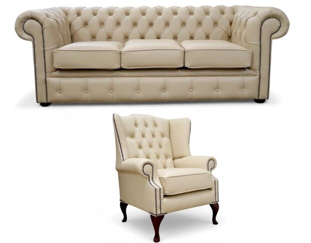 Chesterfield 3 Seater Sofa + Mallory Wing Chair Leather Sofa Suite Offer Ivory