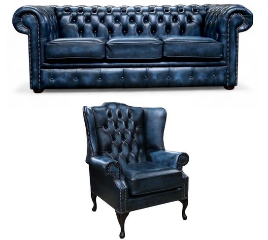 Chesterfield 3 Seater Sofa + Mallory Wing Chair Leather Sofa Suite Offer Antique Blue