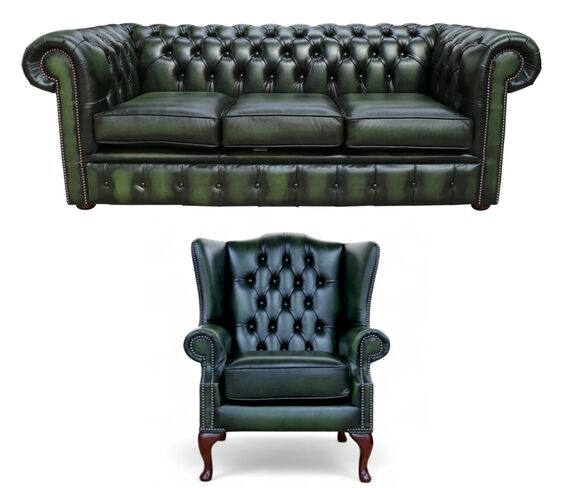 Chesterfield 3 Seater Sofa + Mallory Wing Chair Leather Sofa Suite Offer Antique Green
