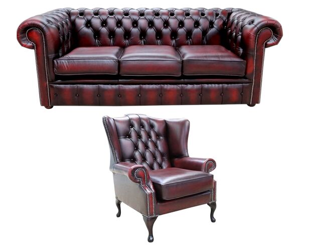 Chesterfield 3 Seater Sofa + Mallory Wing Chair Leather Sofa Suite Offer Antique Oxblood